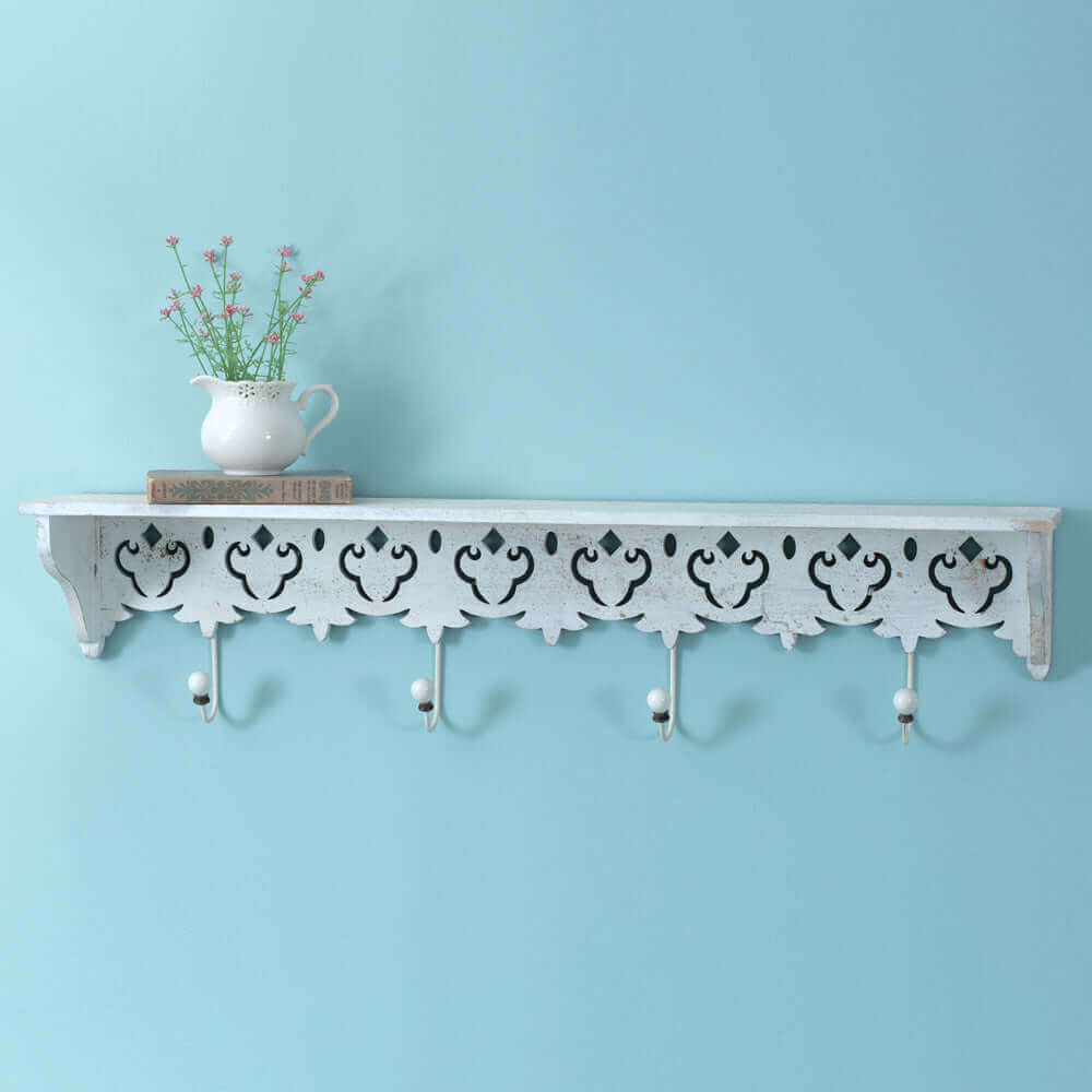 Distressed White Wood Wall Shelf with Hooks