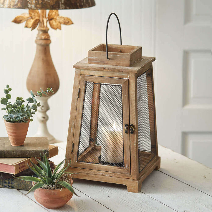 Distressed Wood and Mesh Lantern