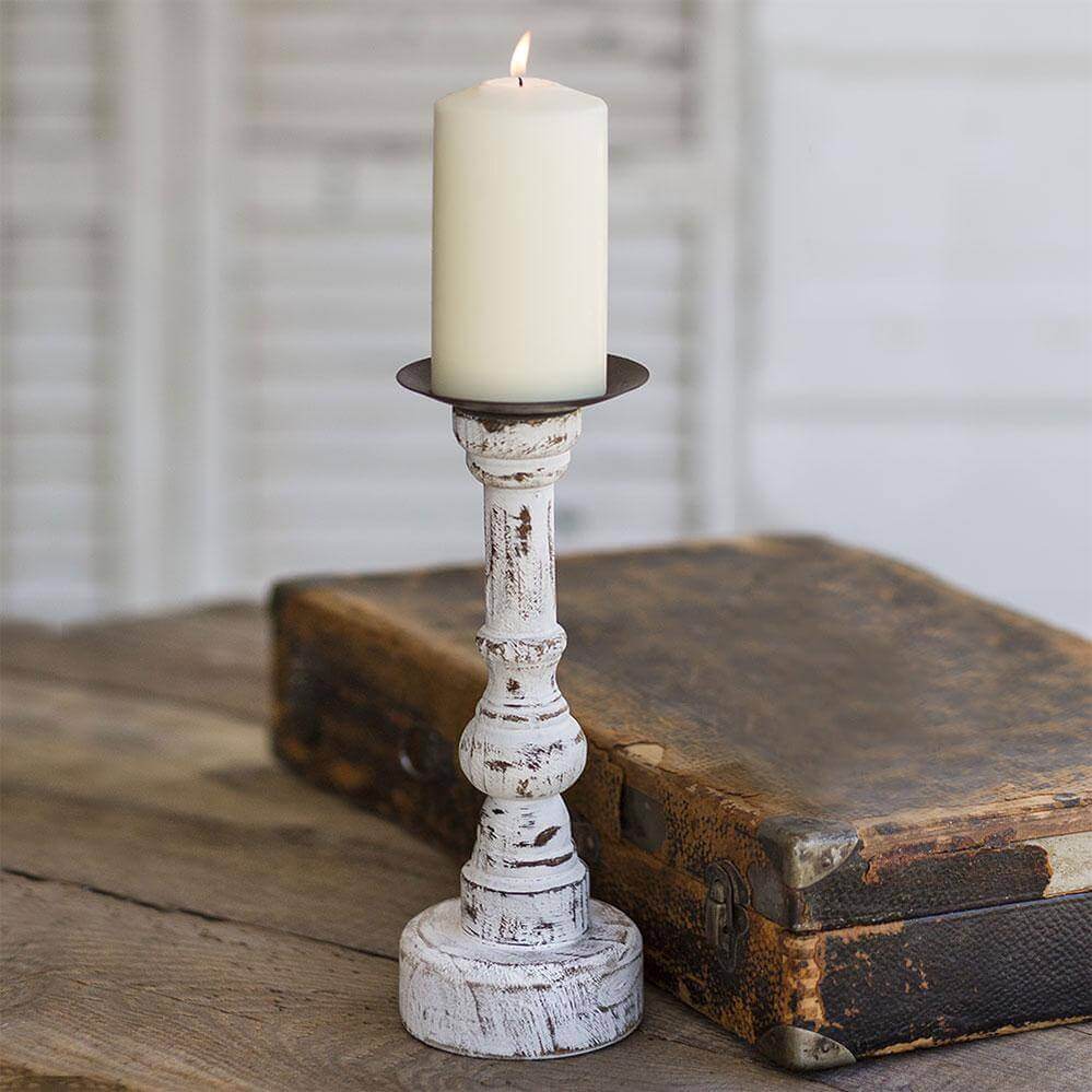 Distressed Wood Pillar Candleholder with Round Base