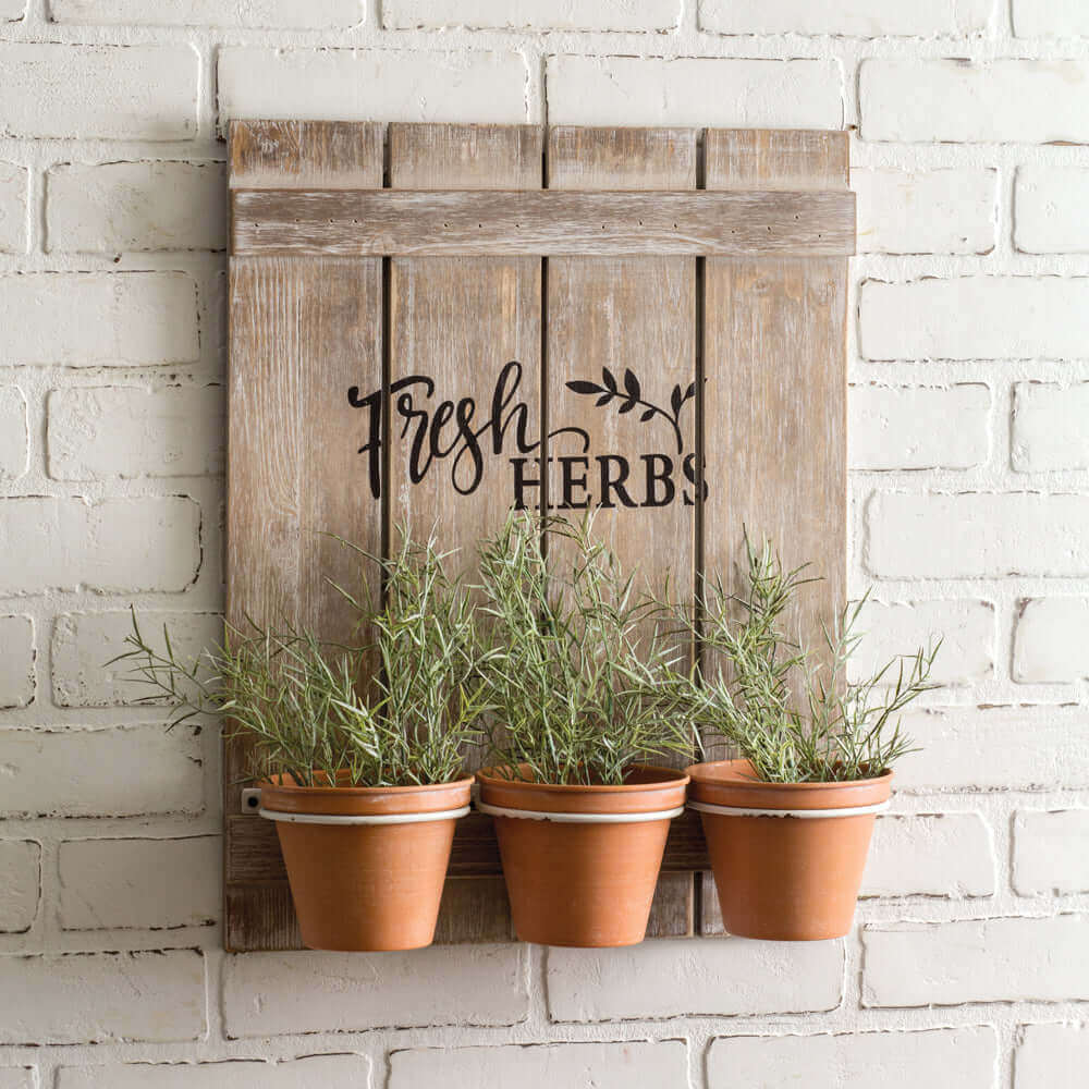 Distressed Wooden Herbs Wall Mounted Sign with Three Pots