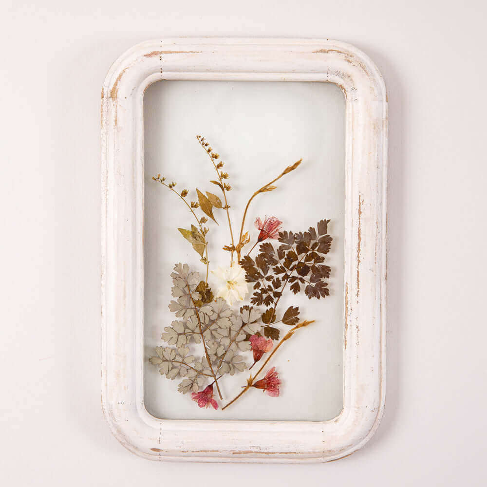 Dried Flowers in Distressed White Wood Frame