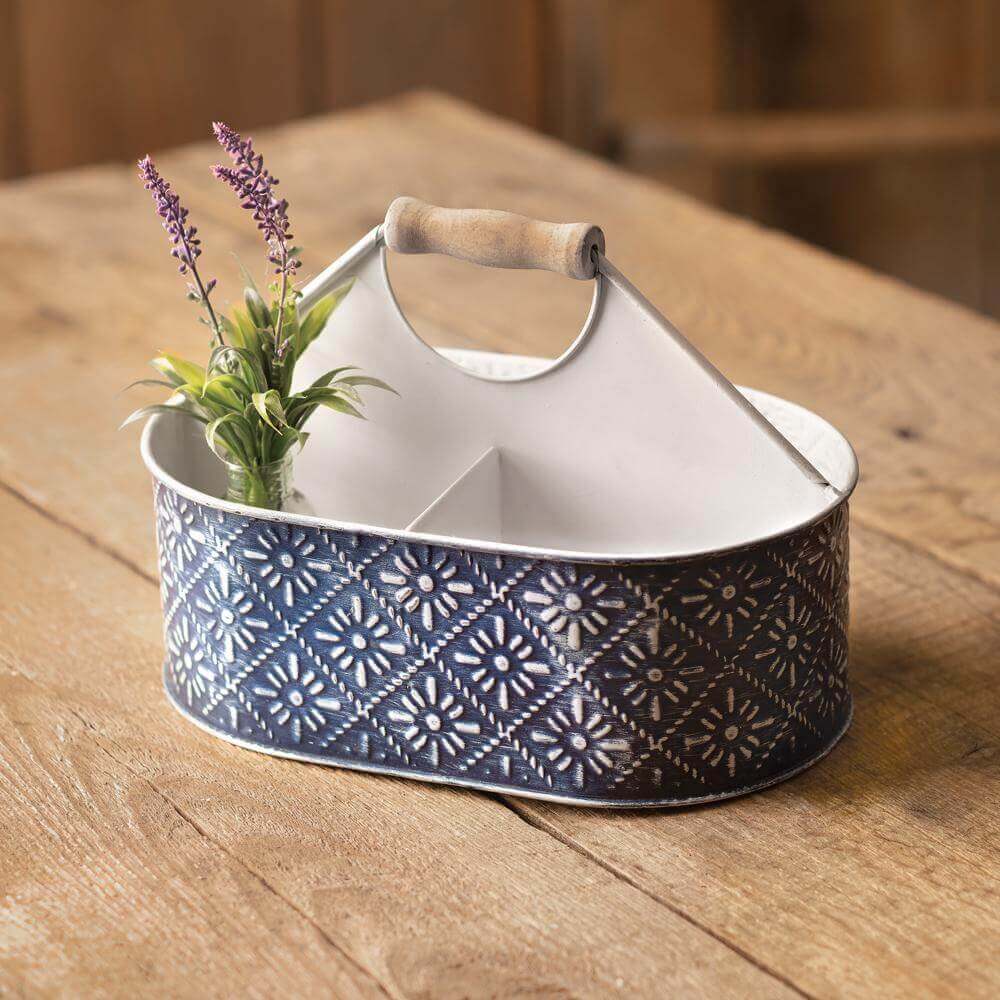 Farmhouse Blue and White Floral Caddy with Dividers