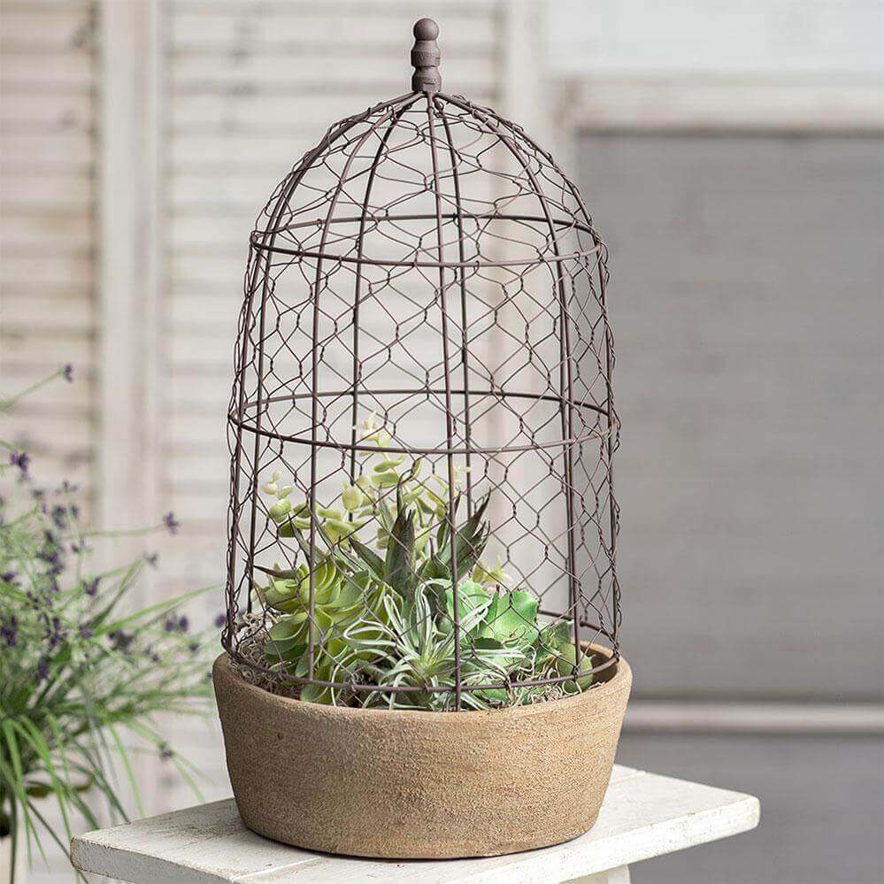 Farmhouse Chicken Wire Cloche with Terra Cotta Pot