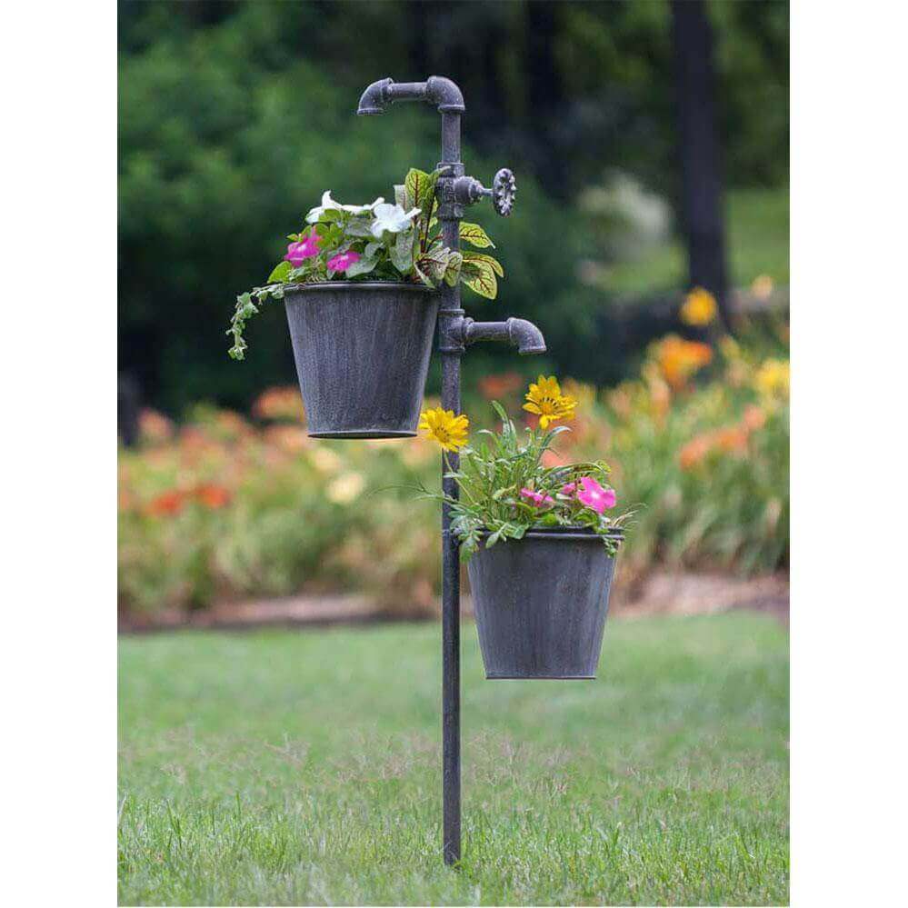 Farmhouse Faucet Garden Stake with Two Planters