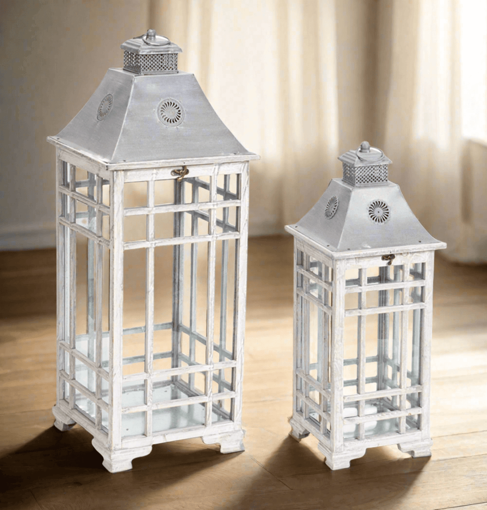 Farmhouse Floor Lanterns with Metal Lid (Set of 2)