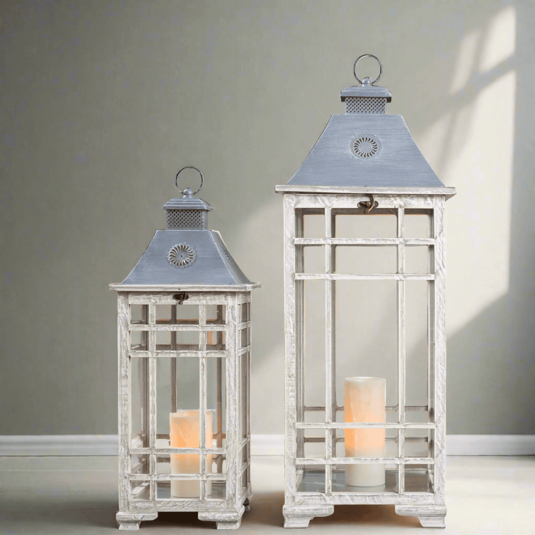 Farmhouse Floor Lanterns with Metal Lid (Set of 2)