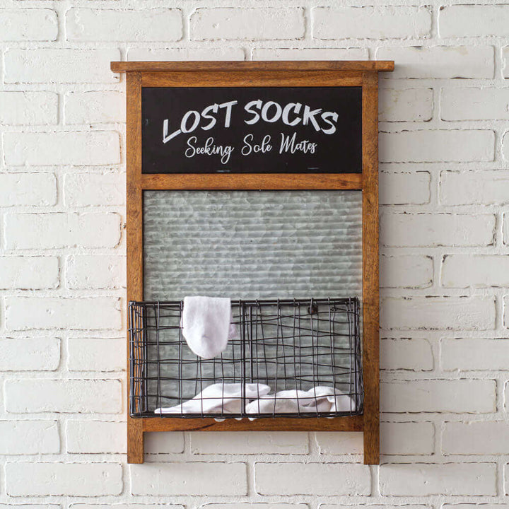 Farmhouse Lost Socks Sign with Hanging Laundry Basket