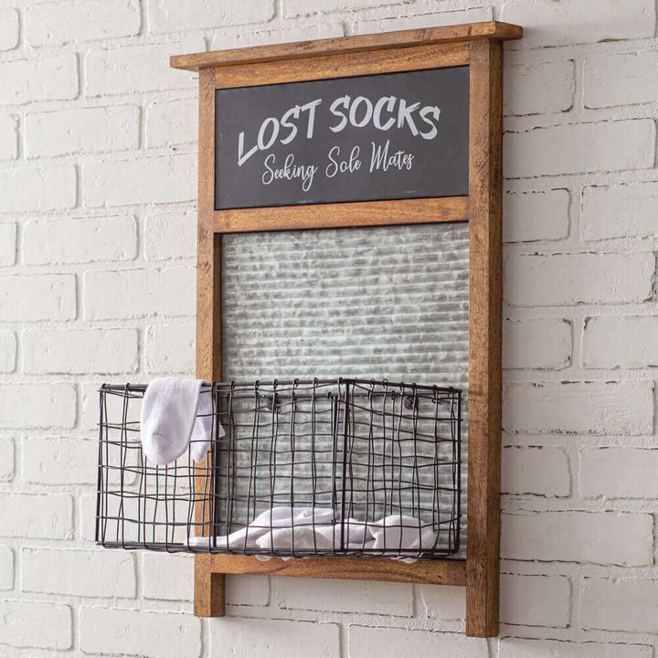 Farmhouse Lost Socks Sign with Hanging Laundry Basket