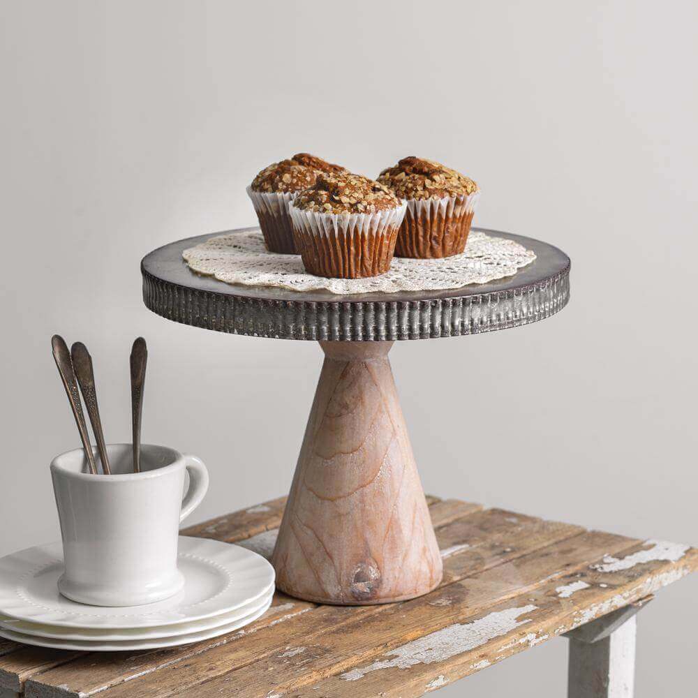 Farmhouse Metal Cake Stand with Wood Base