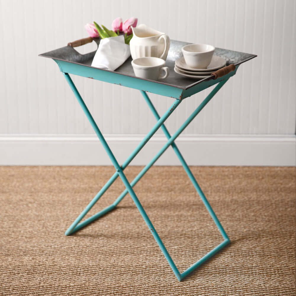 Farmhouse Metal Folding Tray Table in Turquoise