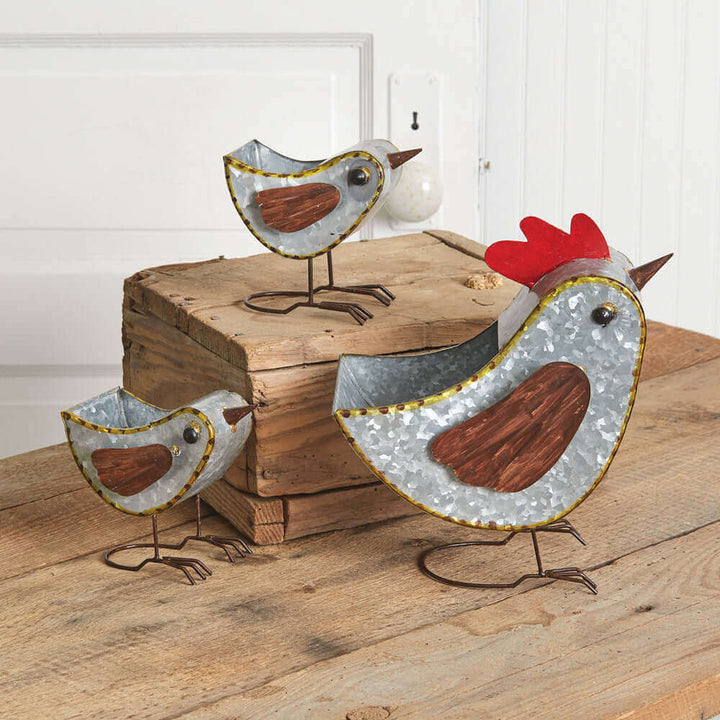 Farmhouse Mother Hen and Chicks Metal Planters Set