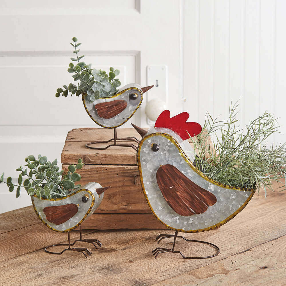 Farmhouse Mother Hen and Chicks Metal Planters Set