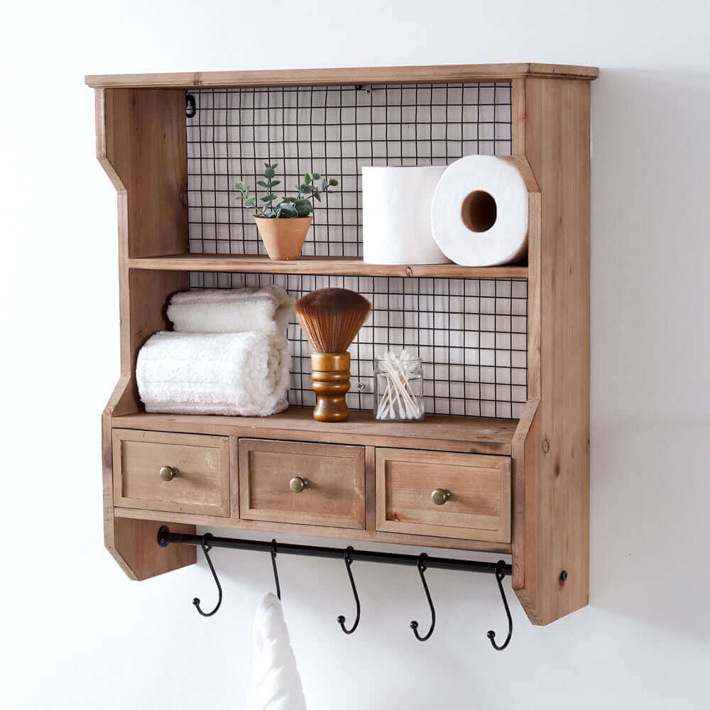 Farmhouse Wall Shelf & Organizer with Drawers & Hooks