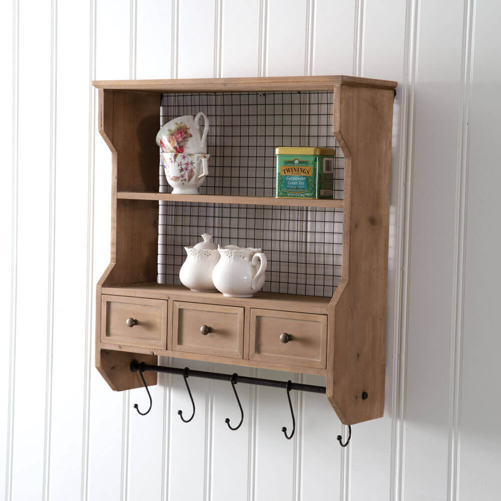 Farmhouse Wall Shelf & Organizer with Drawers & Hooks