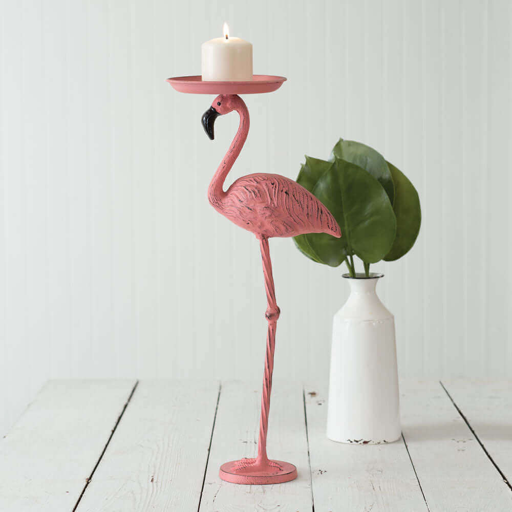 Flamingo Candleholder Statue in Pink Cast Iron