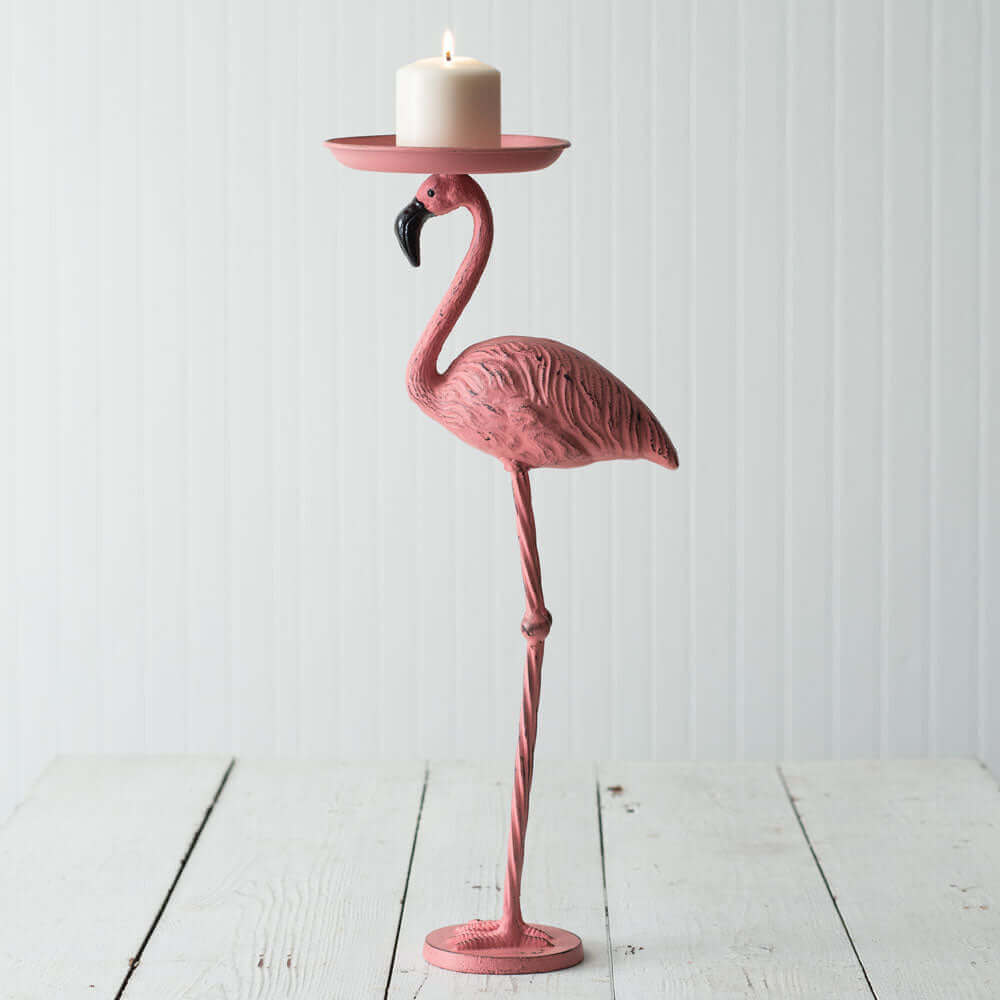 Flamingo Candleholder Statue in Pink Cast Iron