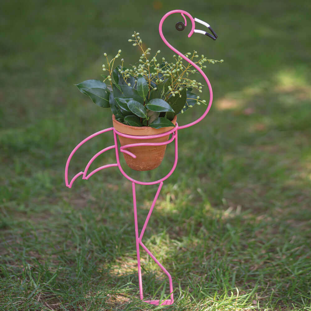 Flamingo Garden Stake with Handmade Terra Cotta Pot