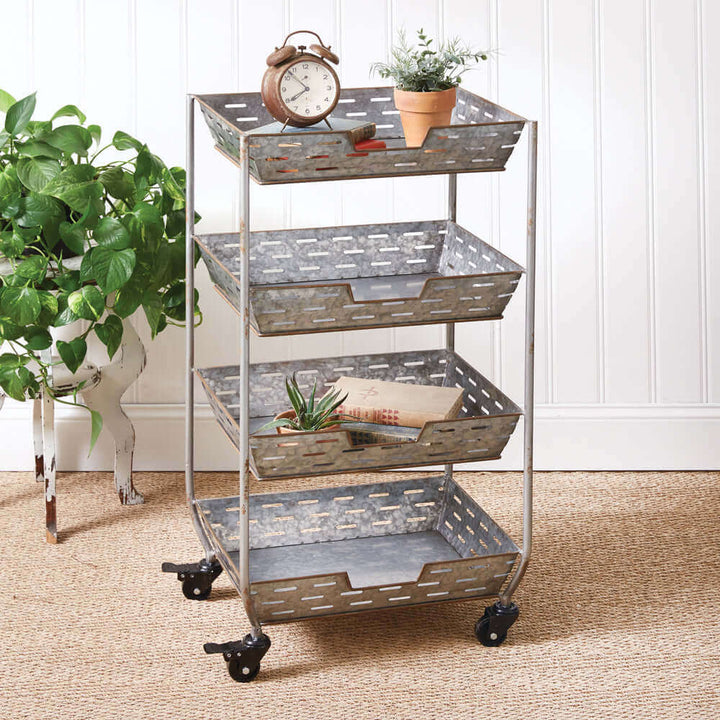 Four Tier Rustic Metal Rolling Serving Cart