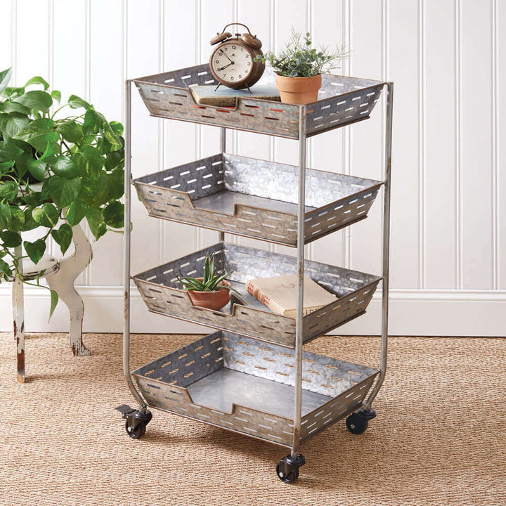 Four Tier Rustic Metal Rolling Serving Cart