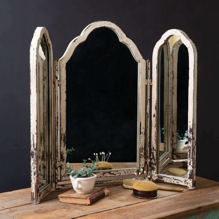 French Country Distressed Tri-Fold Tabletop Mirror