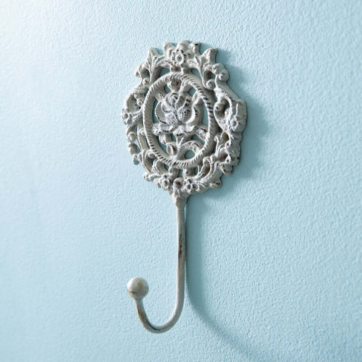 French Country Rose Wall Hook in White Cast Iron (Set of 2)