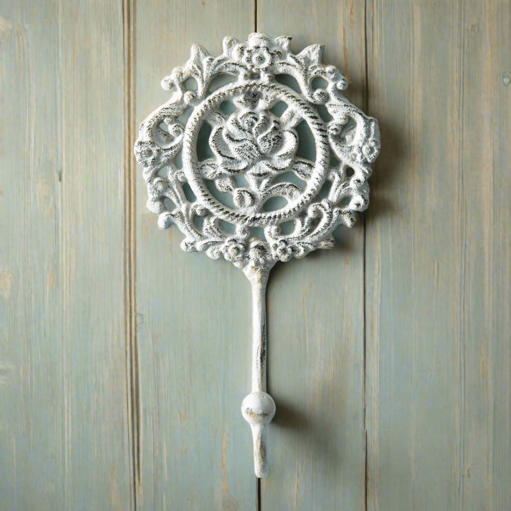 French Country Rose Wall Hook in White Cast Iron (Set of 2)