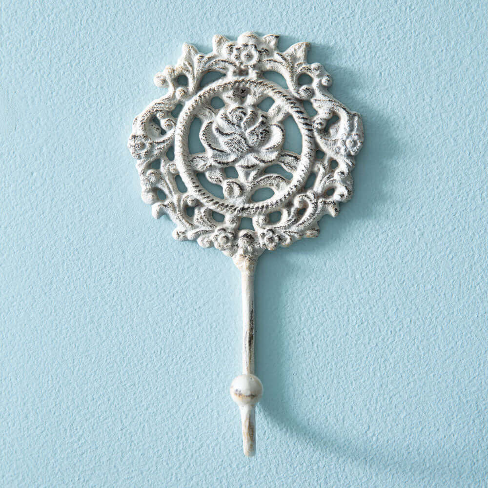 French Country Rose Wall Hook in White Cast Iron (Set of 2)