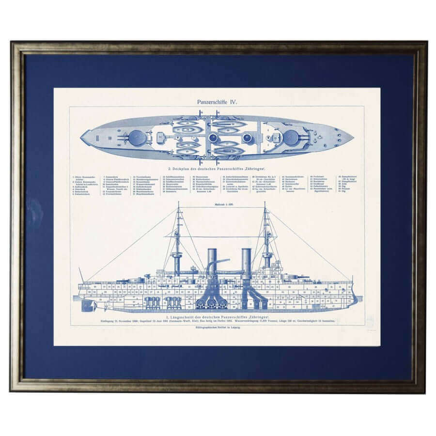 German Panzerschiffe Antique Blueprint Reproduction in Pewter Shadowbox Frame