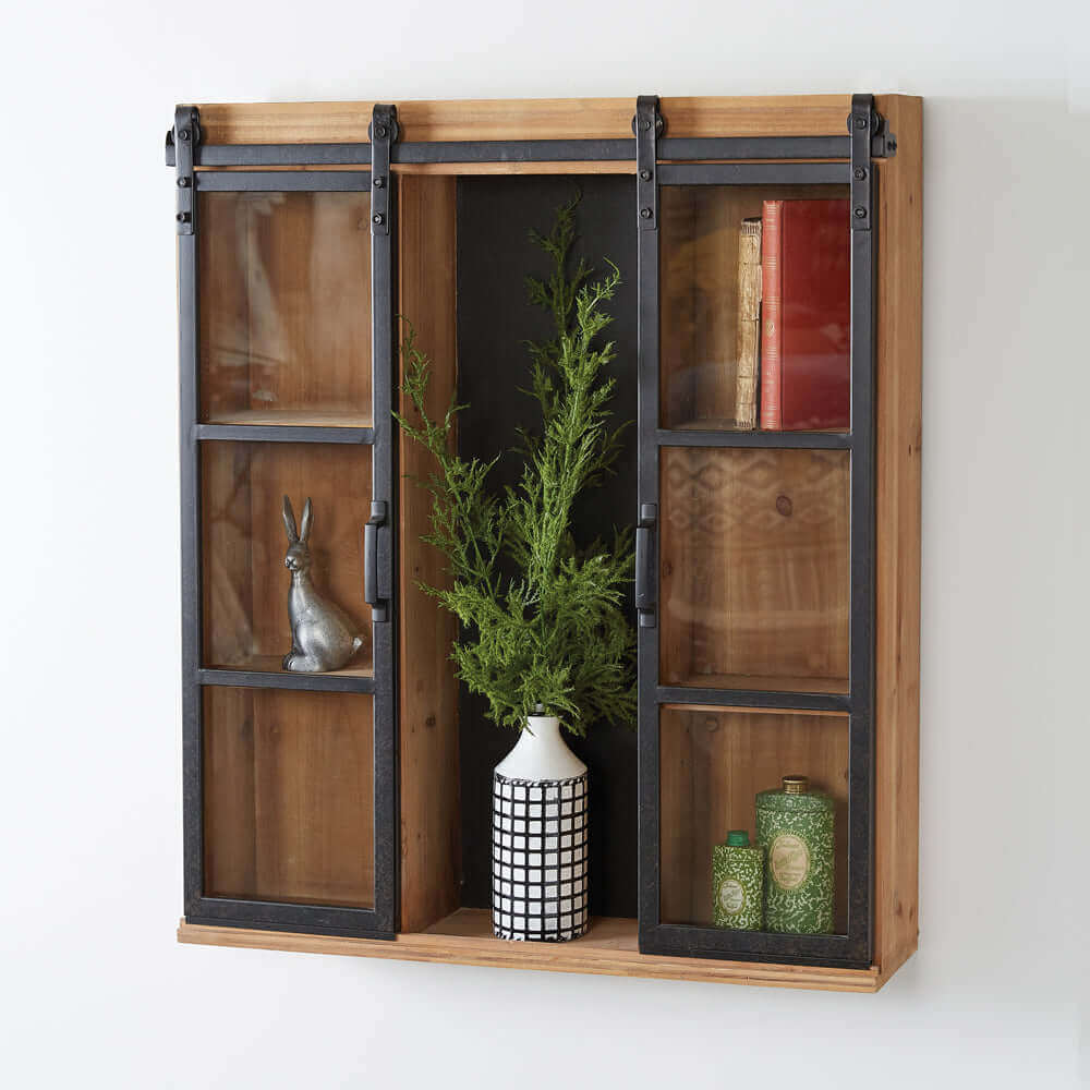 Glass and Metal Barn Door Wood Wall Cabinet