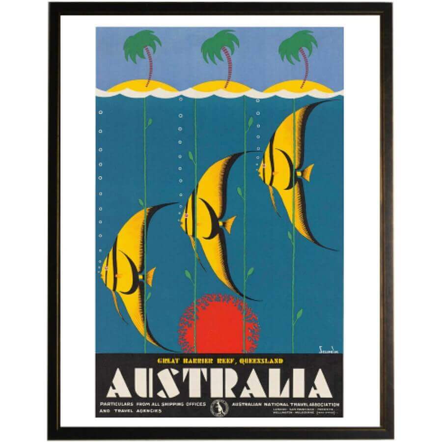 Great Barrier Reef Vintage Travel Poster in Black and Copper Shadowbox Frame