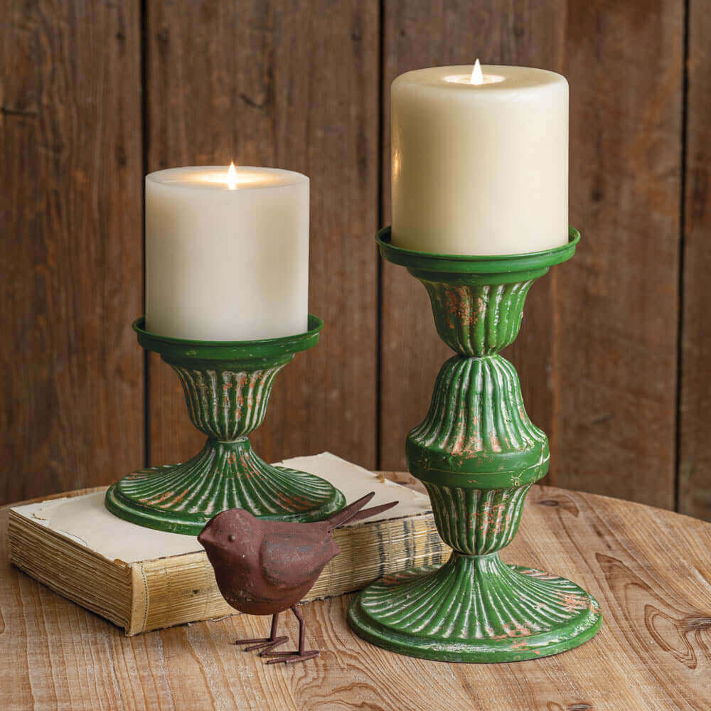 Green Distressed Rustic Metal Candleholders (Set of 2)