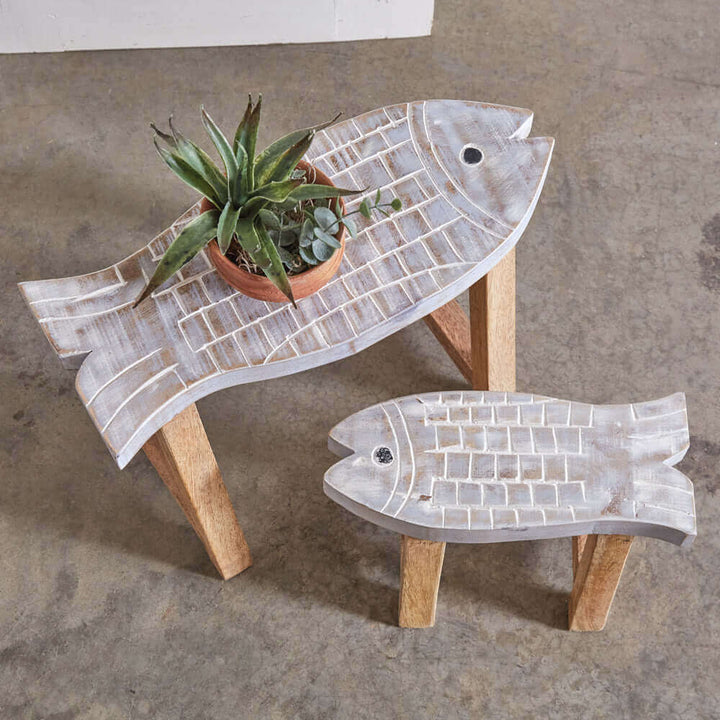 Hand-Carved Wood Fish Tables (Set of 2)