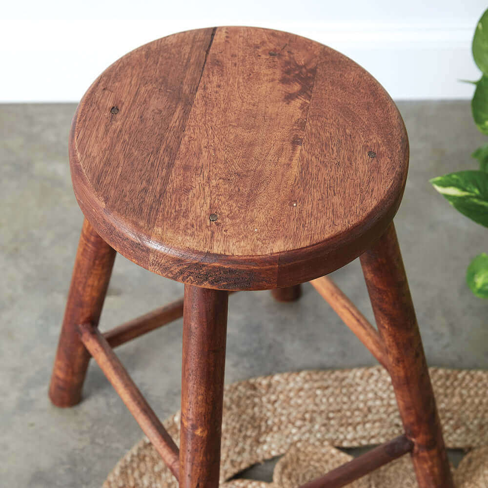 Handcrafted Round Polished Wooden Stool