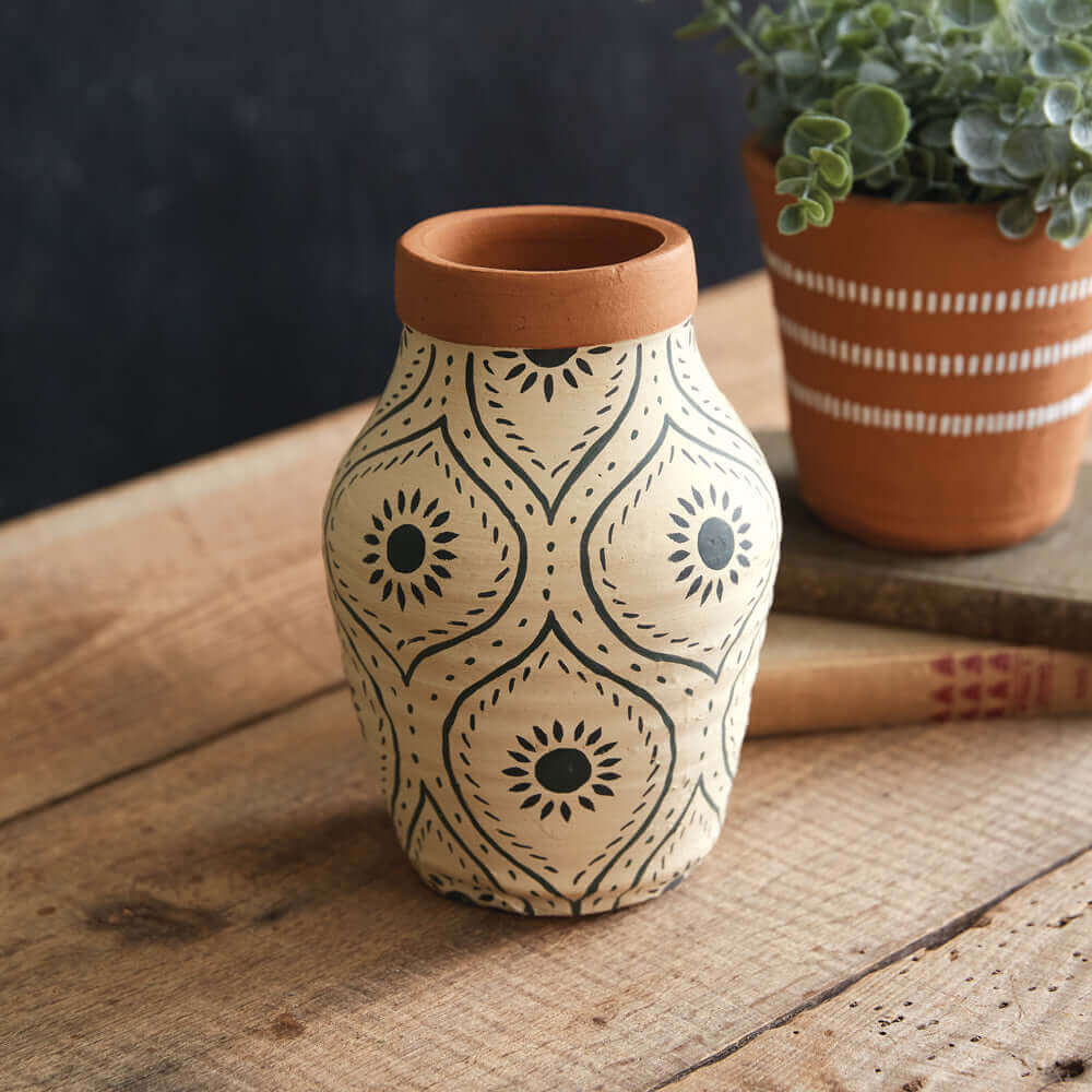 Handmade Aztec Sunburst Terra Cotta Vase