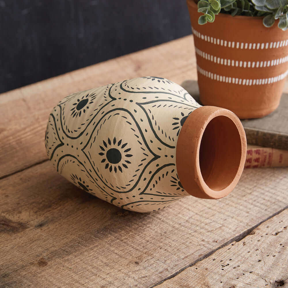 Handmade Aztec Sunburst Terra Cotta Vase