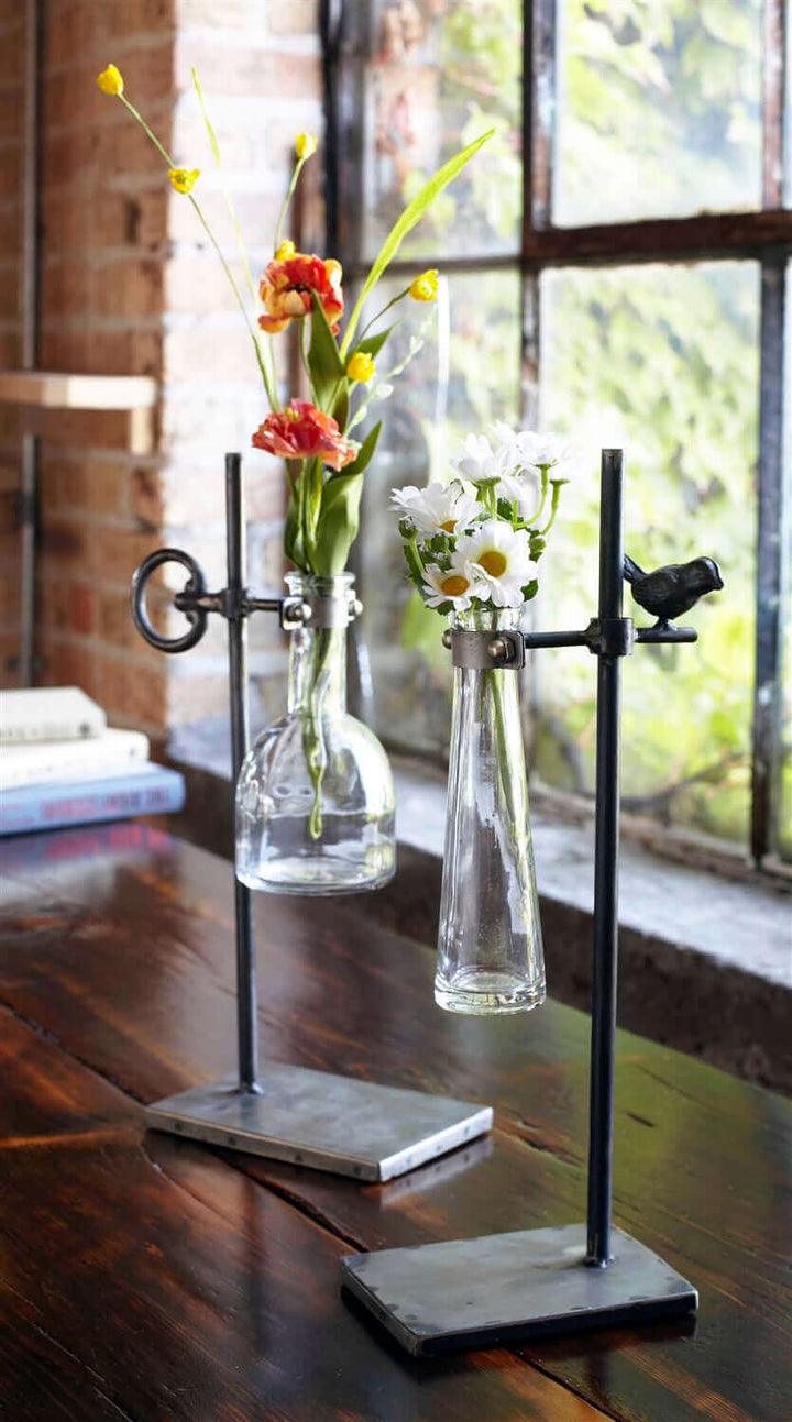 Hanging Glass Vases with Rustic Metal Stands (Set of 2)