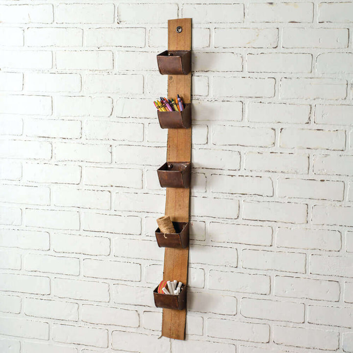 Hanging Utility Belt Organizer with Rustic Metal Bins