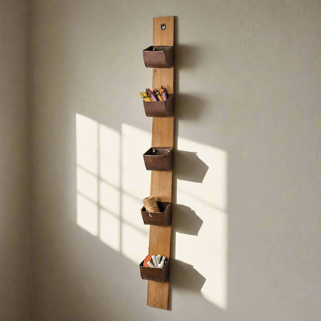 Hanging Utility Belt Organizer with Rustic Metal Bins