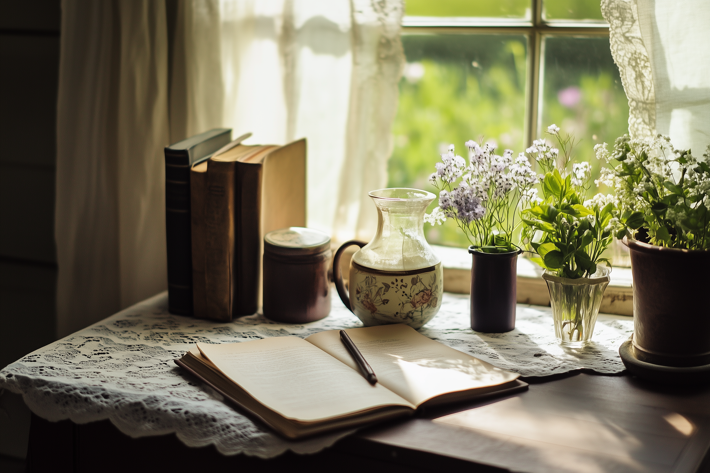 An open vintage journal on an antique table decorated with flowers and books near a window