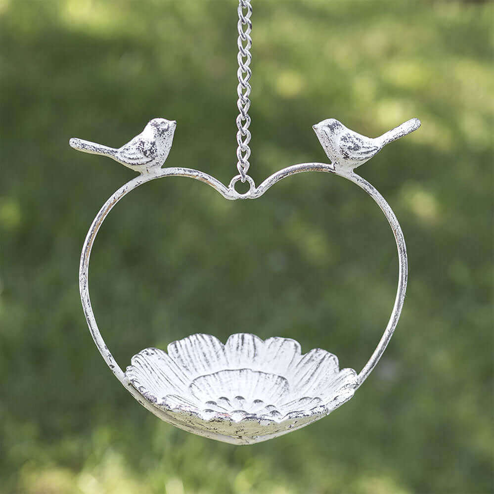 Heart Shaped Hanging Birdfeeder with Lovebirds in Cast Iron