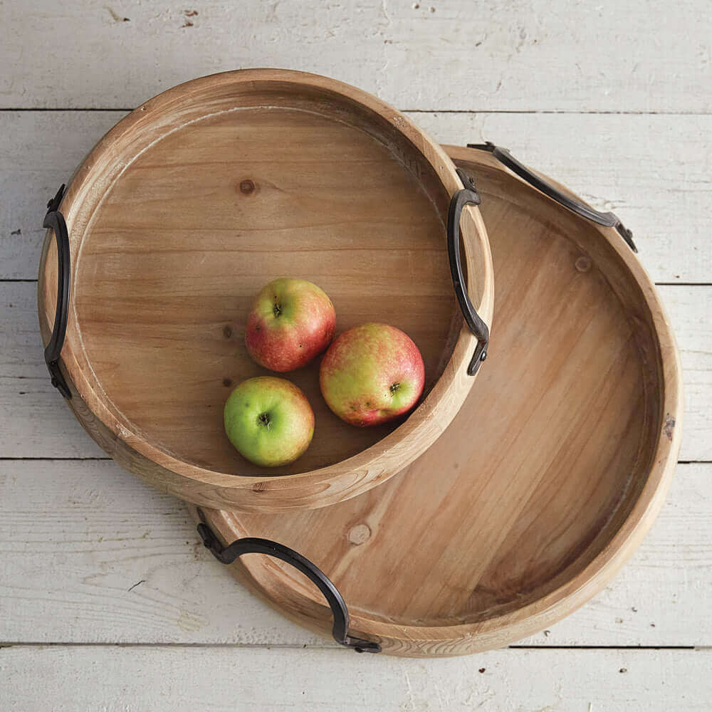 Industrial Round Wood Serving Trays with Handles (Set of 2)