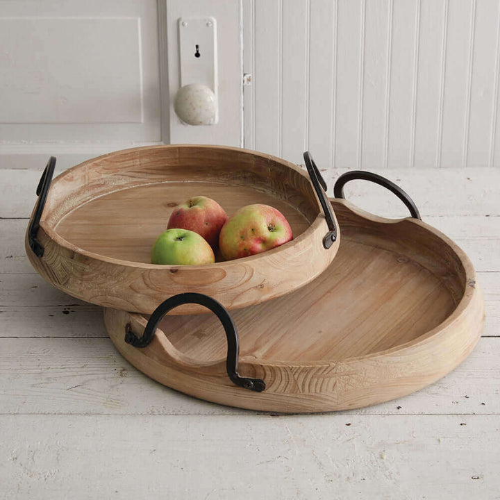 Industrial Round Wood Serving Trays with Handles (Set of 2)