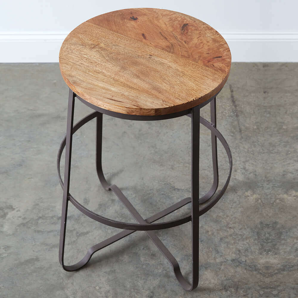 Industrial Rustic Metal Stool with Wooden Seat