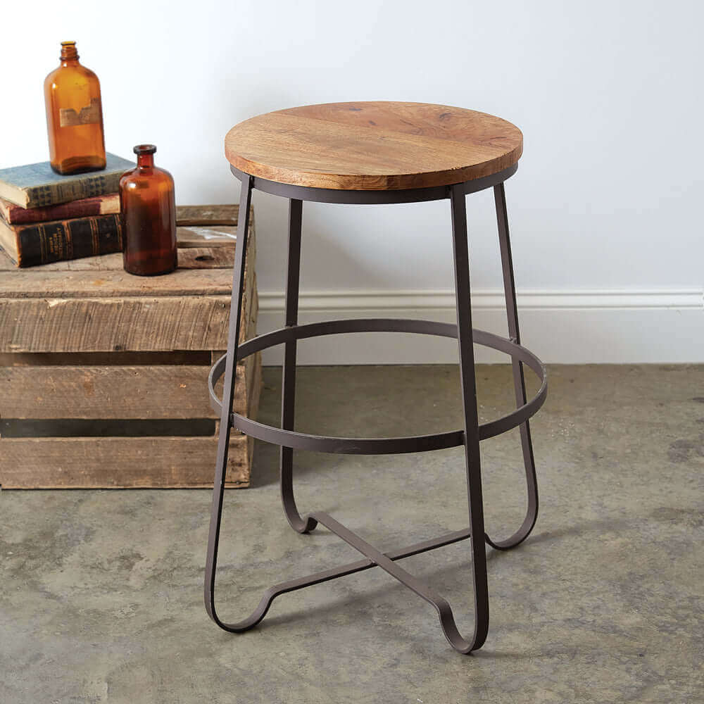 Industrial Rustic Metal Stool with Wooden Seat