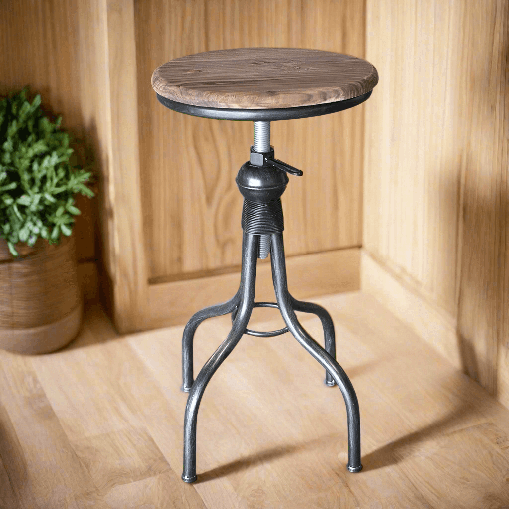 Industrial Swivel Bar Stool with Adjustable Wooden Seat