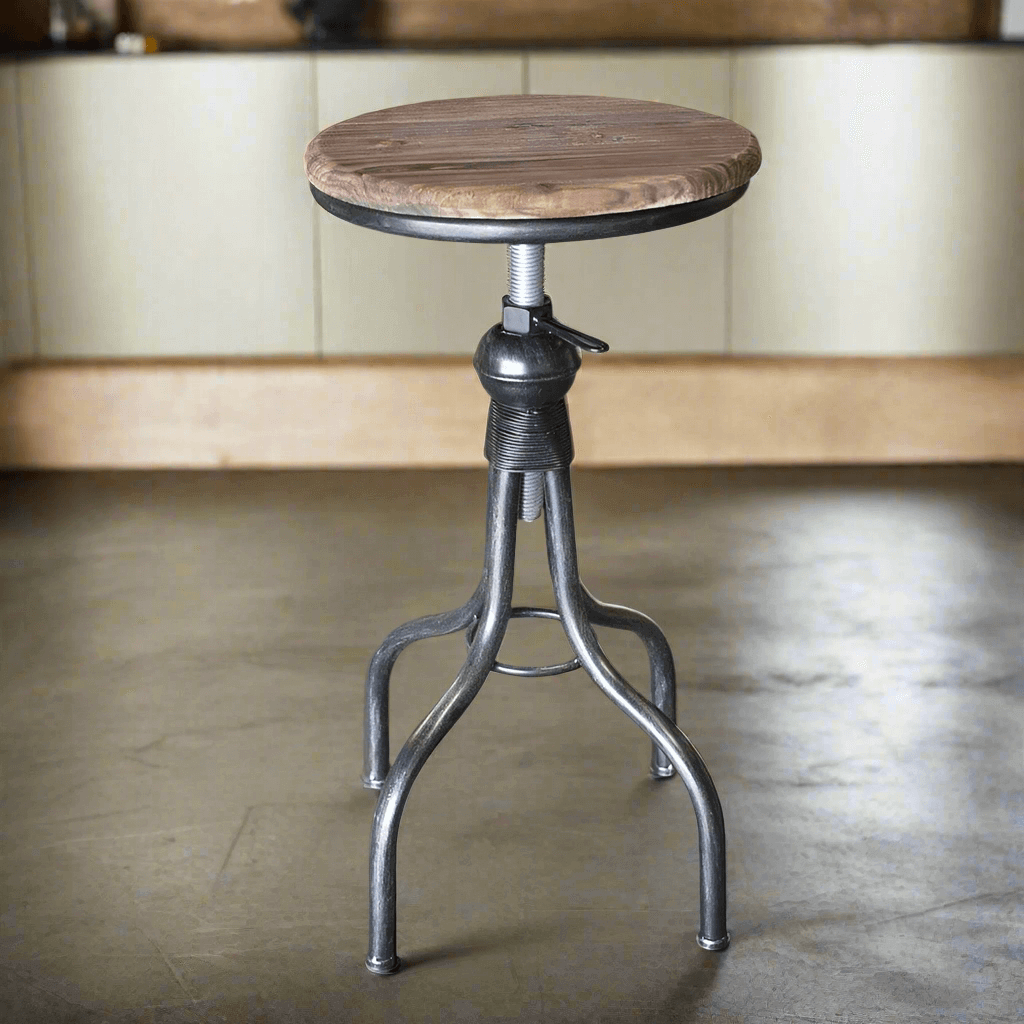 Industrial Swivel Bar Stool with Adjustable Wooden Seat