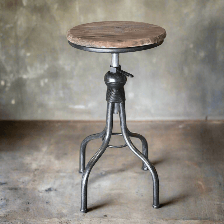 Industrial Swivel Bar Stool with Adjustable Wooden Seat