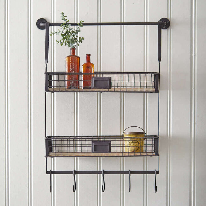 Industrial Wall Mounted Two Shelf Metal Organizer with Hooks