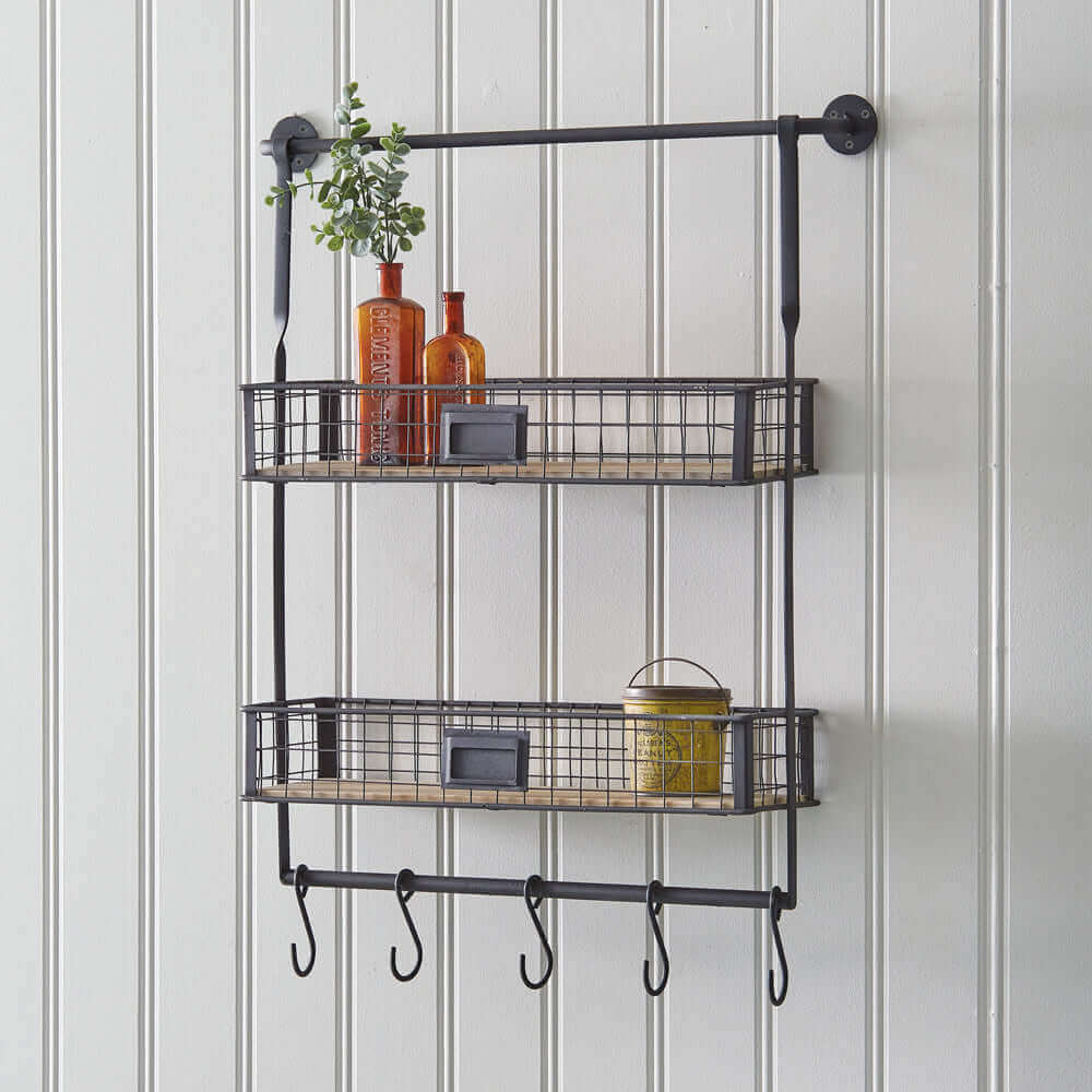 Industrial Wall Mounted Two Shelf Metal Organizer with Hooks