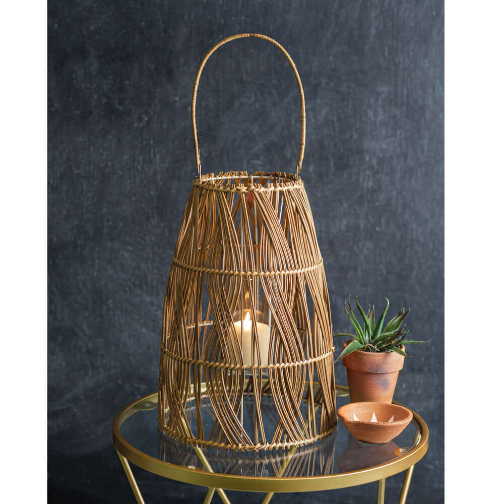 Large Rattan Boho Candle Lantern with Handle